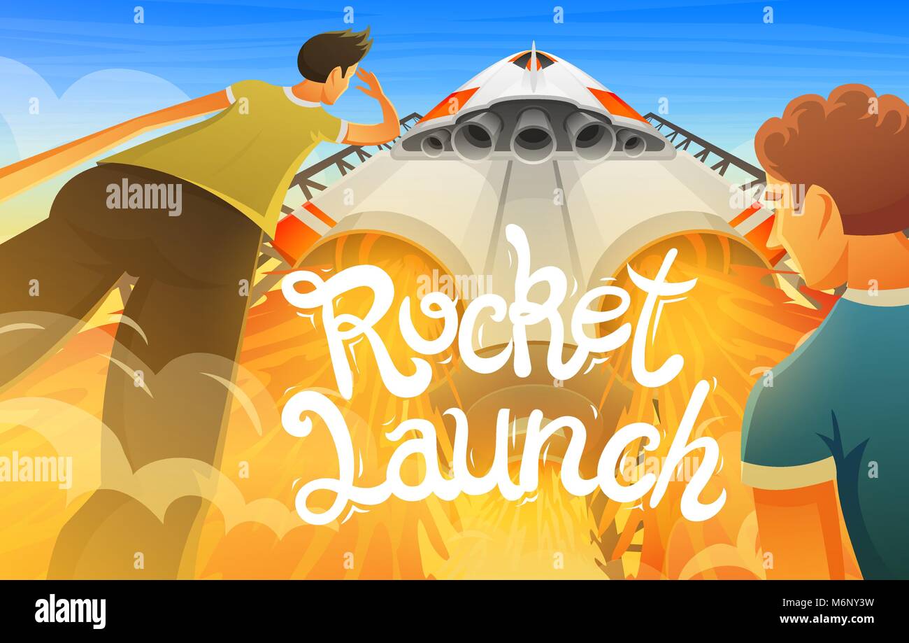 Rocket Launch. Internationale Raumschiff, Shuttle im Weltraum, Ansicht von unten. Technik und Wissenschaft, Schiff im Himmel. Die Menschen betrachten die take-off von Raumschiff, Konzept. Rakete, die Flamme zu erkunden. Stock Vektor