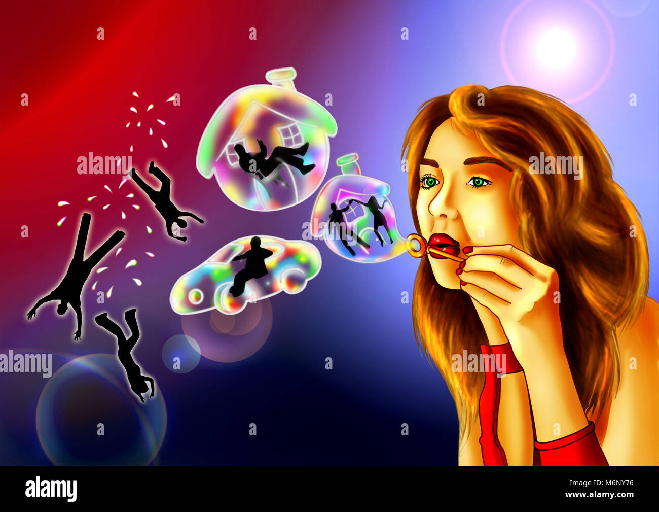 Abbildung bezieht sich auf die wirtschaftliche Rezession, die Konsumgesellschaft und Zusammenbruch der Bubble Economy. Stockfoto