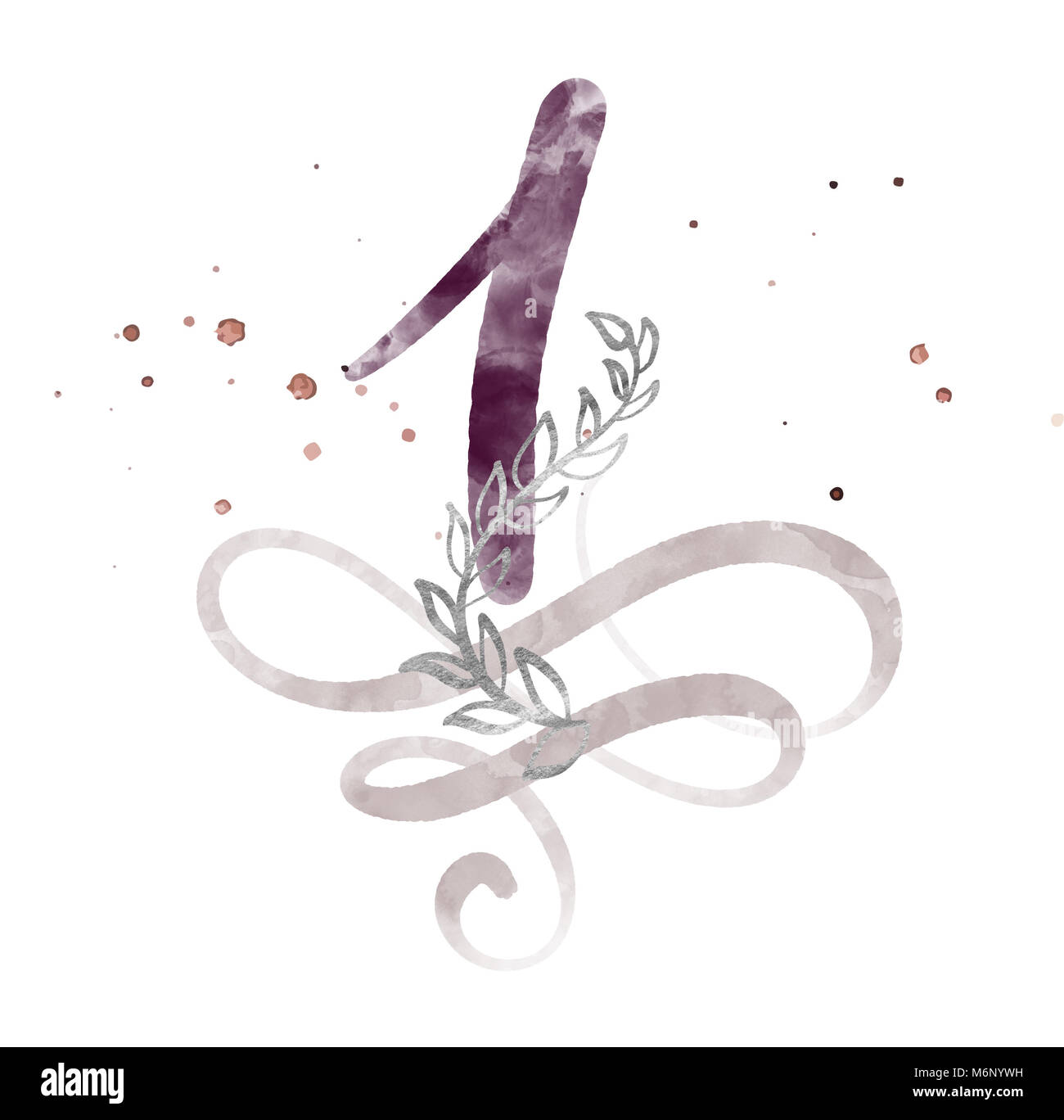 Kalligrafische Nummer eins 1 Vintage auf weißem Hintergrund. Aquarell Dekor gedeihen für die Dekoration an einem Feiertag, Hochzeit, Geburtstag Stockfoto