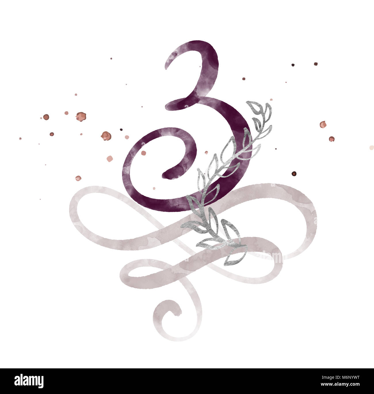 Kalligrafische Nummer drei 3 Vintage auf weißem Hintergrund. Aquarell Dekor gedeihen für die Dekoration an einem Feiertag, Hochzeit, Geburtstag Stockfoto