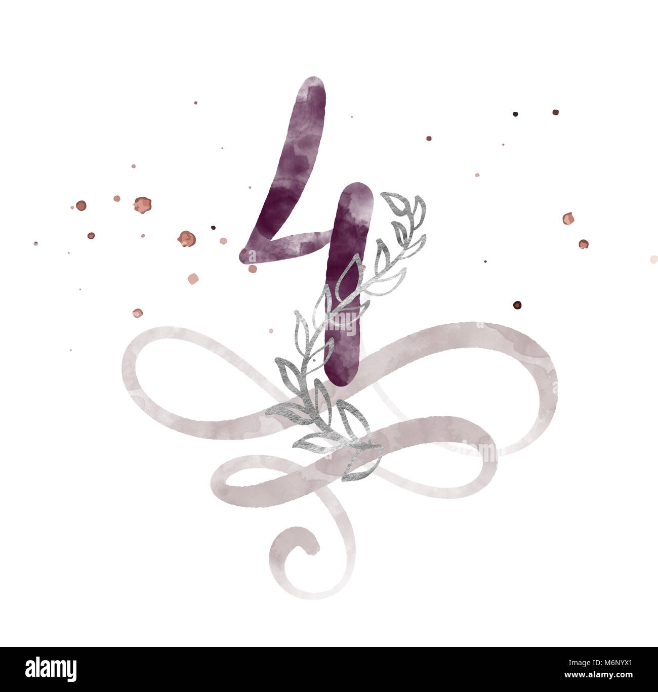 Kalligrafische Nummer vier 4 Vintage auf weißem Hintergrund. Aquarell Dekor gedeihen für die Dekoration an einem Feiertag, Hochzeit, Geburtstag Stockfoto