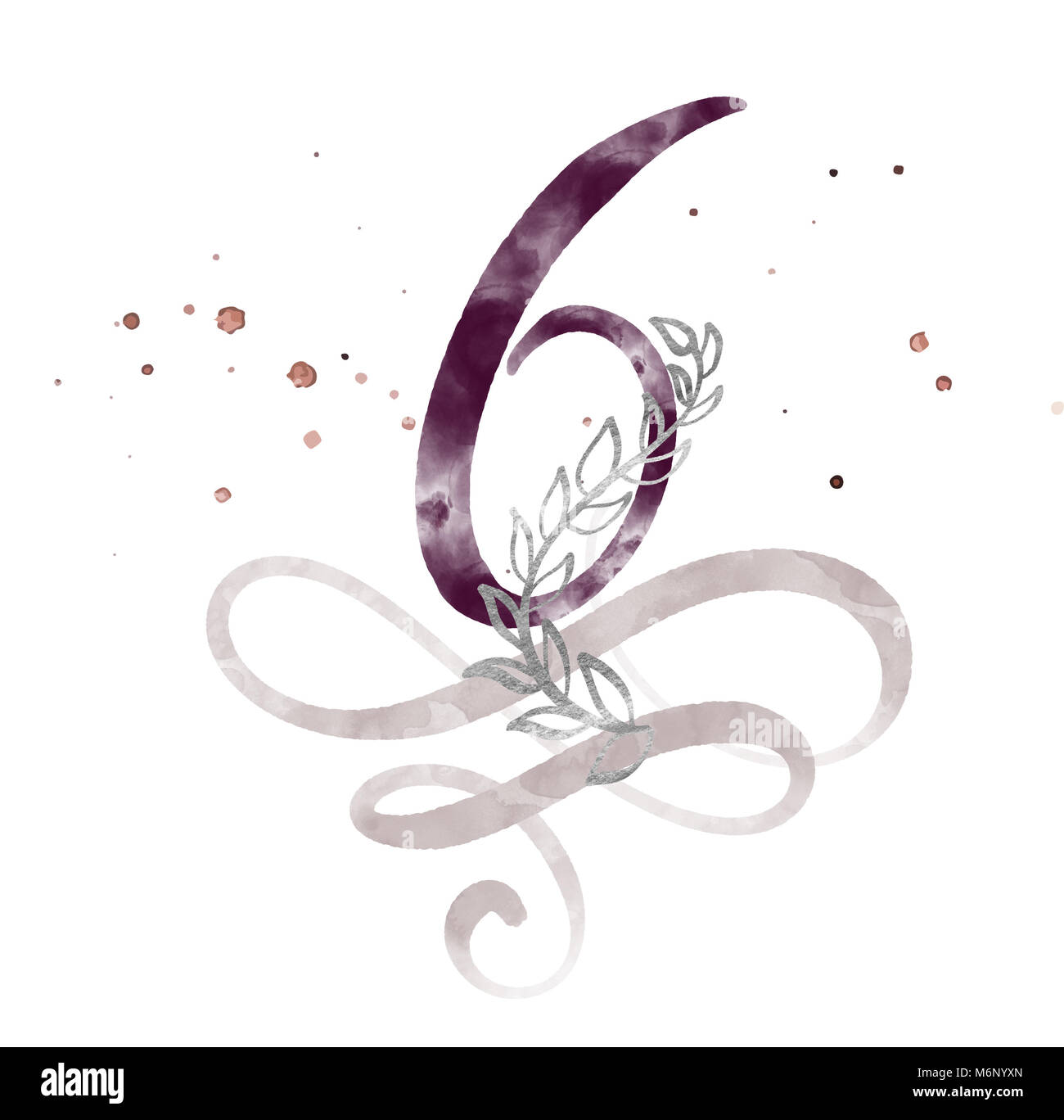 Kalligrafische Nummer Sechs 6 Vintage auf weißem Hintergrund. Aquarell Dekor gedeihen für die Dekoration an einem Feiertag, Hochzeit, Geburtstag Stockfoto