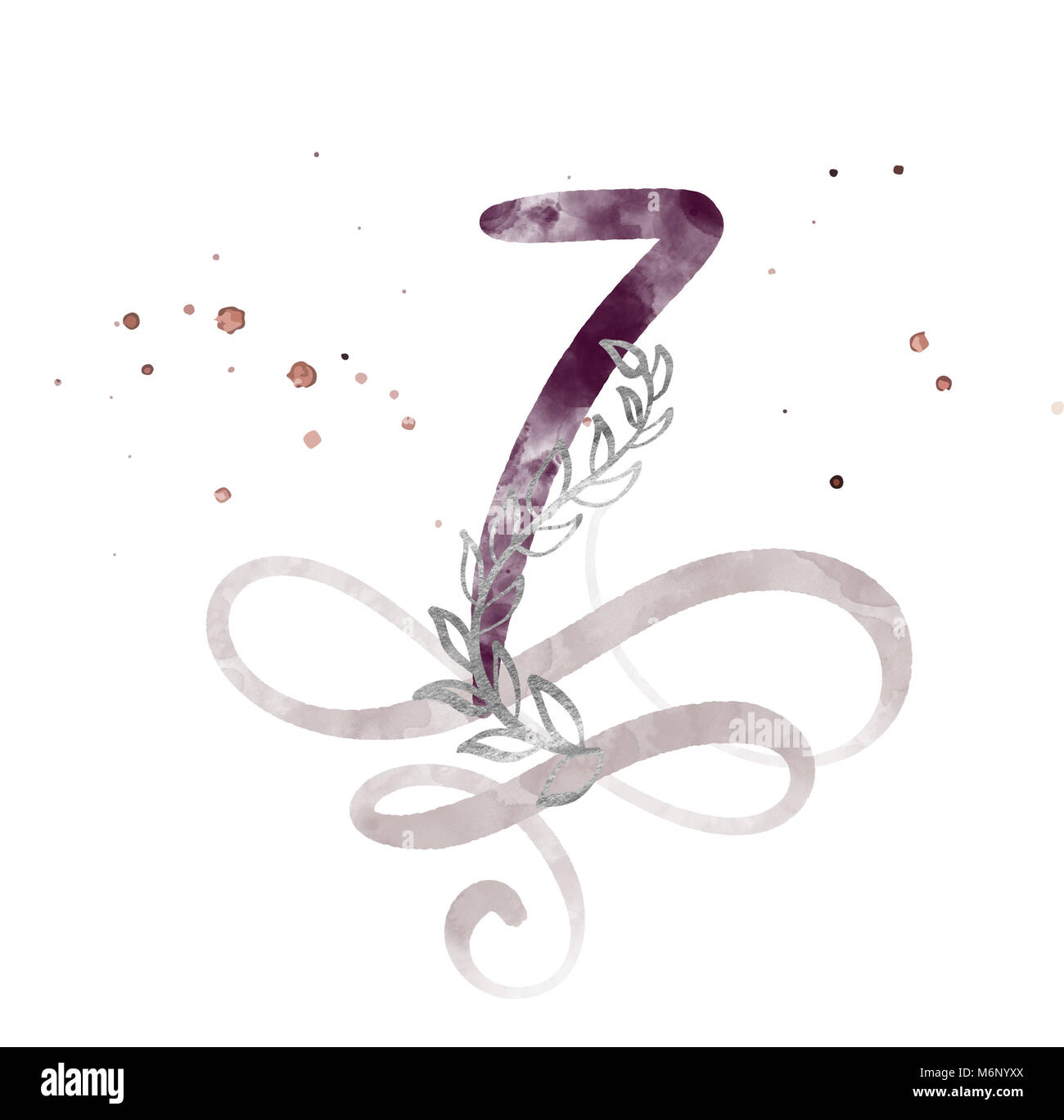 Kalligrafische Nummer sieben 7 Vintage auf weißem Hintergrund. Aquarell Dekor gedeihen für die Dekoration an einem Feiertag, Hochzeit, Geburtstag Stockfoto