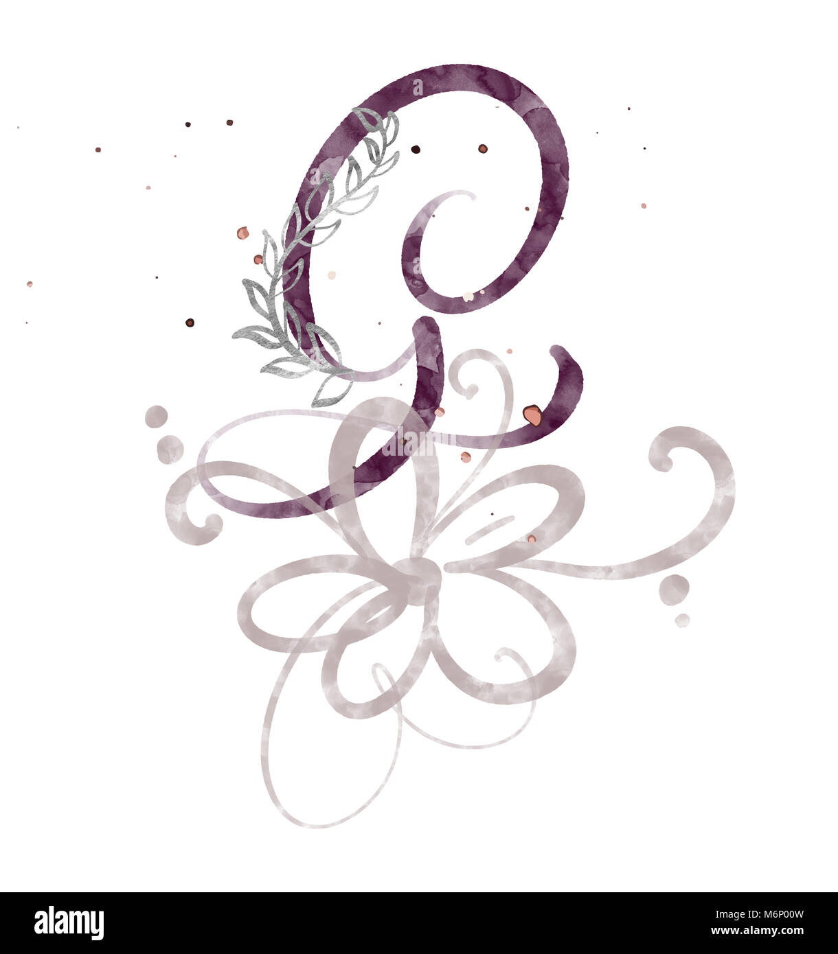 Hand schreiben Kalligraphie G. aquarell Script font gezeichnet. Isolierte Briefe mit Tinte geschrieben. Handschriftliche Pinselstil zurück. Hand Schriftzug für Logos Verpackungsdesign Plakat, Hochzeit, Geburtstag Karte Stockfoto