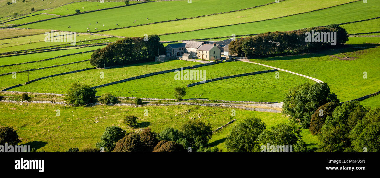 Bauernhaus und trockenen Stein eingemauert Felder im oberen Dovedale in der Nähe von Earl Sterndale in Derbyshire Peak District Stockfoto