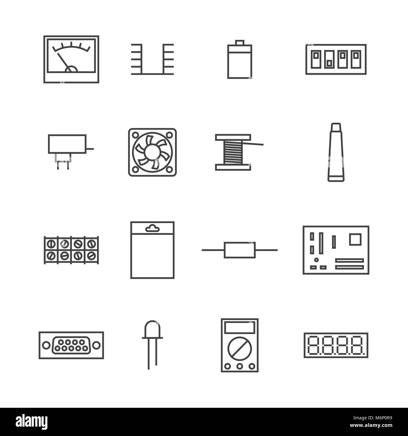 Satz von verschiedenen elektronischen und radio Komponenten der dünne Linien auf weißem Hintergrund. Flat, Vector Illustration. Stock Vektor