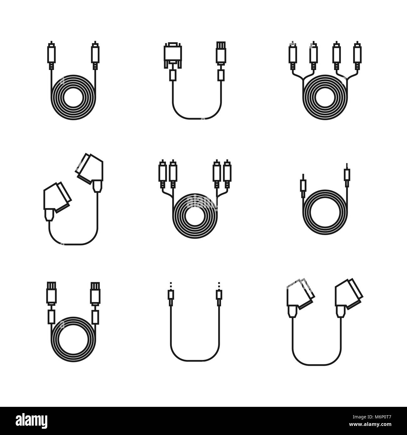 Symbole von Kabel und Kabel mit Steckern der dünnen Linien auf weißem Hintergrund, Vector Illustration. Stock Vektor