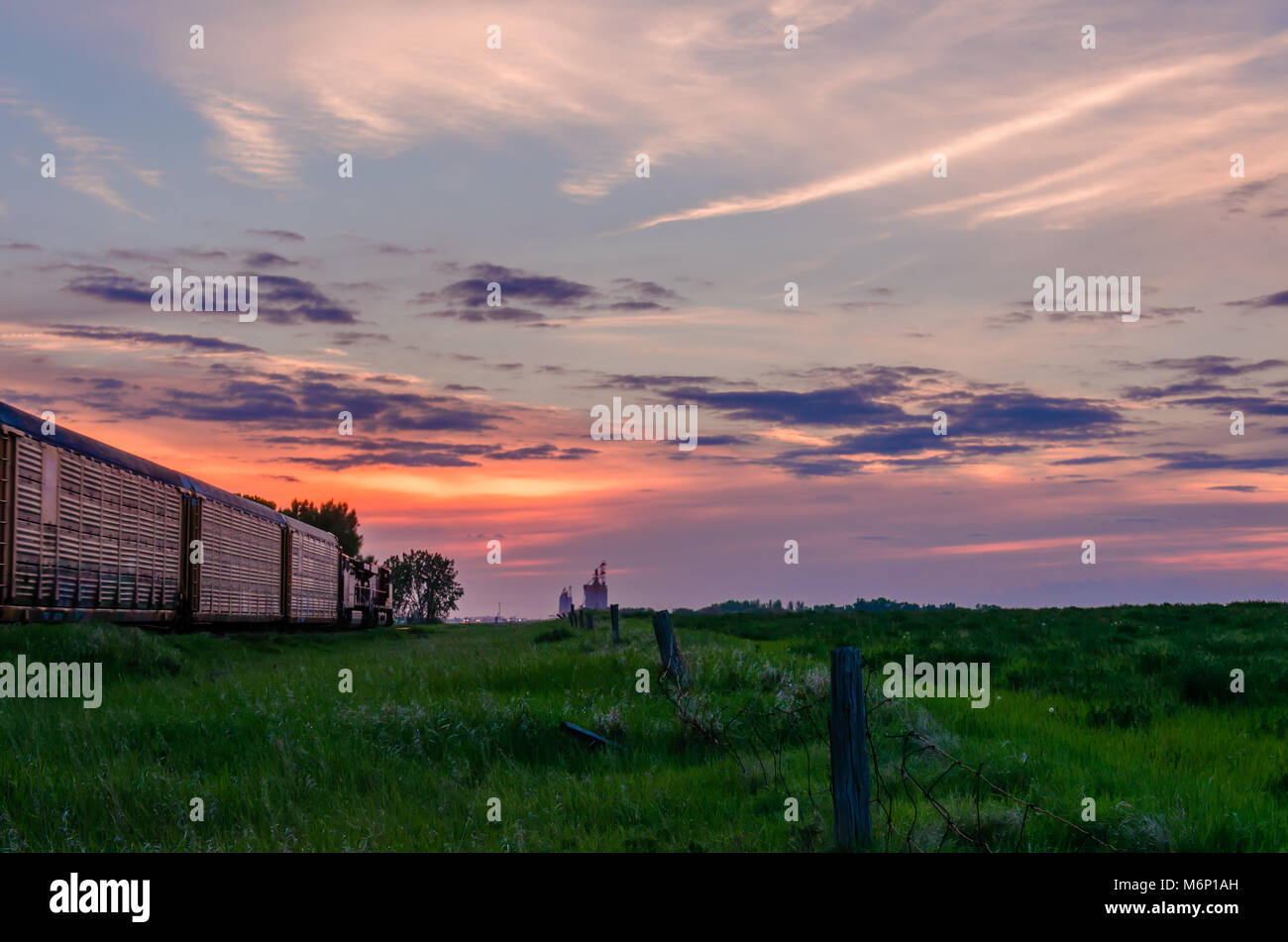 Crimson bewölkter Himmel bei Sonnenuntergang der Tag über grünes Gras, Getreide Terminal, Güterzug und Zaun auf dem Bauernhof Feld Stockfoto
