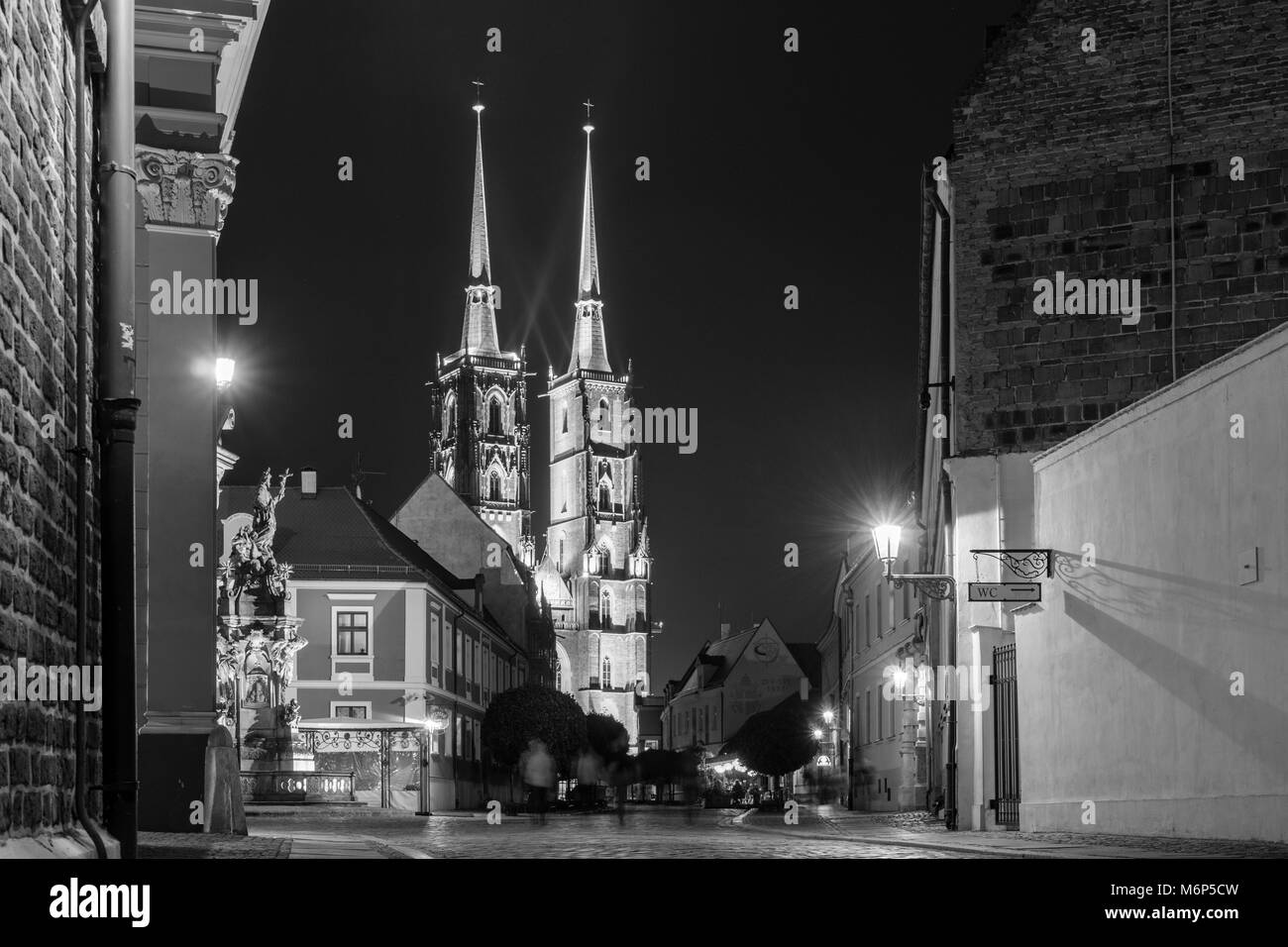 Die beleuchteten Türme der Breslauer Dom St. Johannes der Täufer (Archikatedra Św. Jana Chrzciciela) auf Ostrow Tumski bei Nacht, Wroclaw, Polen Stockfoto