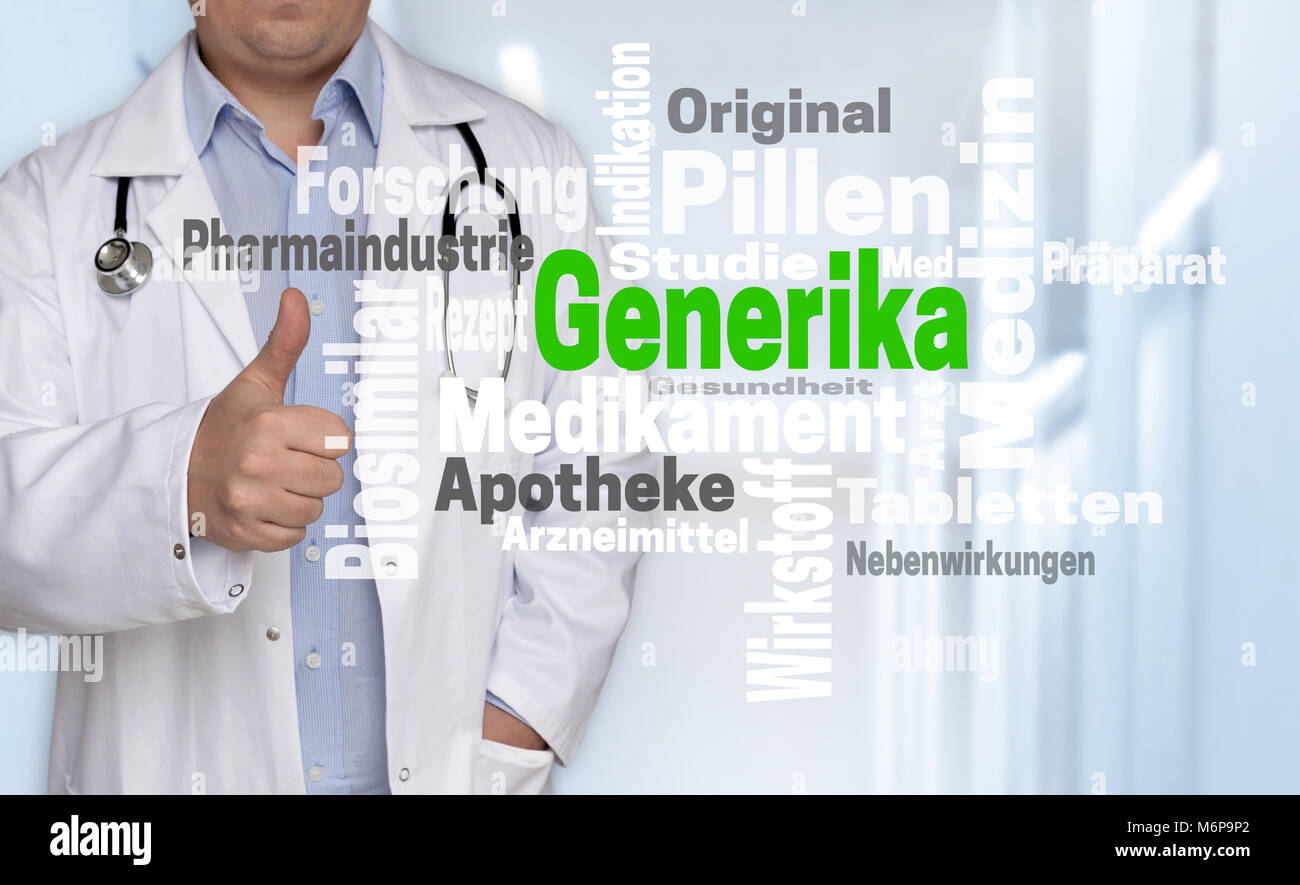 Generika (Generika) Cloud Konzept und Arzt mit Daumen nach oben. Stockfoto