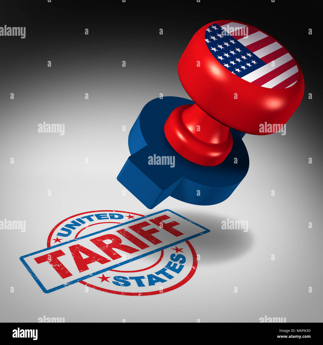 United States Tarife und American Trade Tarif in den USA als Stempel Mark als wirtschaftliche Import und Export Steuern oder Abgaben Konzept als 3D-Darstellung. Stockfoto