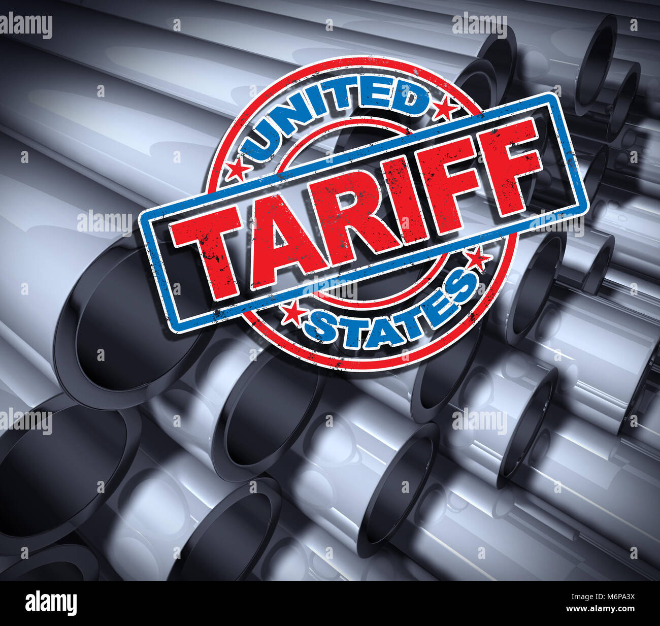 Stahl und Aluminium Tarife in den Vereinigten Staaten als Stempel auf Metall Hintergrund als wirtschaftliche Handels Besteuerung Streit über importieren. Stockfoto