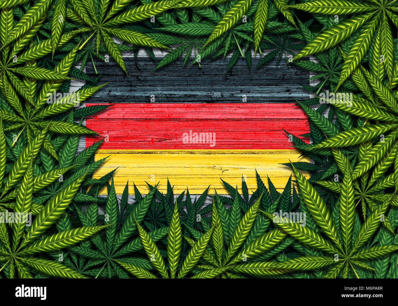 Deutschland Marihuana und Deutsche cannabis Symbol mit der Flagge auf rustikalem Holz mit Blättern als Grenze in einer 3D-Darstellung. Stockfoto