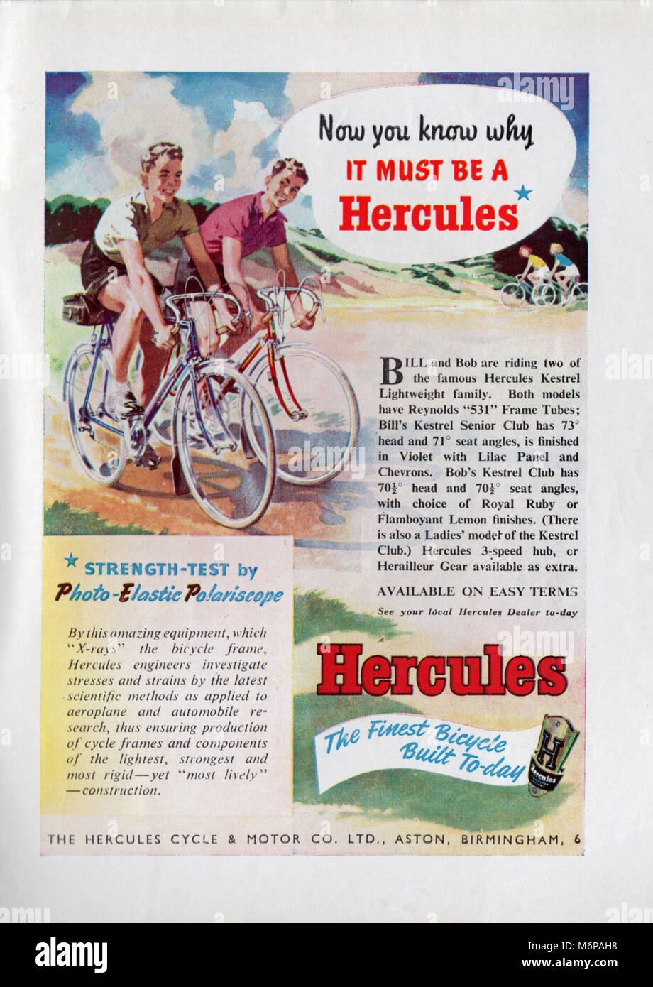 Werbespot für Herkules-Fahrräder aus den 1950er Jahren von The Boy's Own Paper. Stockfoto
