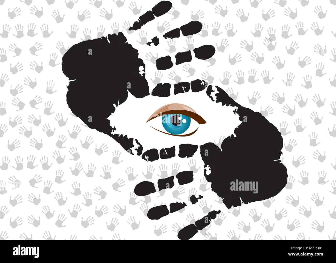 Blaue Menschen Auge durch Hand zuschneiden. Schöne Rahmen aus Finger und Augen nach innen. Vector Abbildung: Perspektivische Ansicht auf Hintergrund Stock Vektor