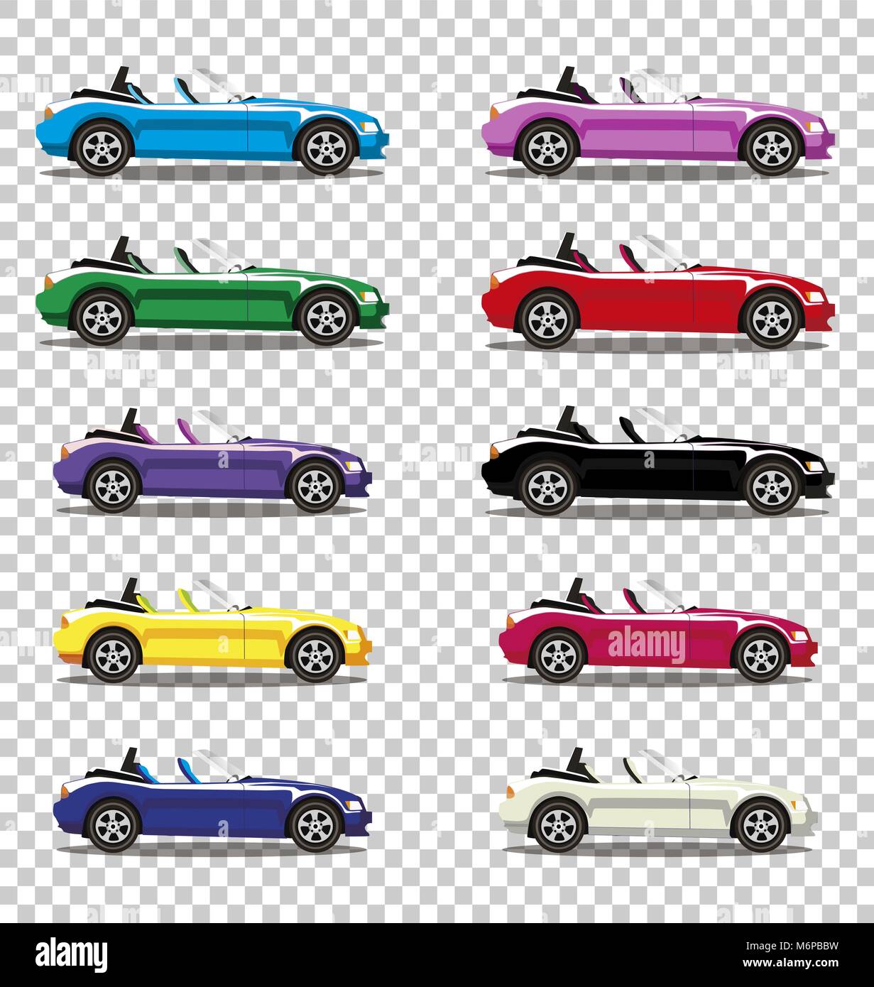 Moderne cartoon farbige Cabrio Autos auf transparentem Hintergrund isoliert. Sportwagen. Vector Illustration. Clip Art. Stock Vektor