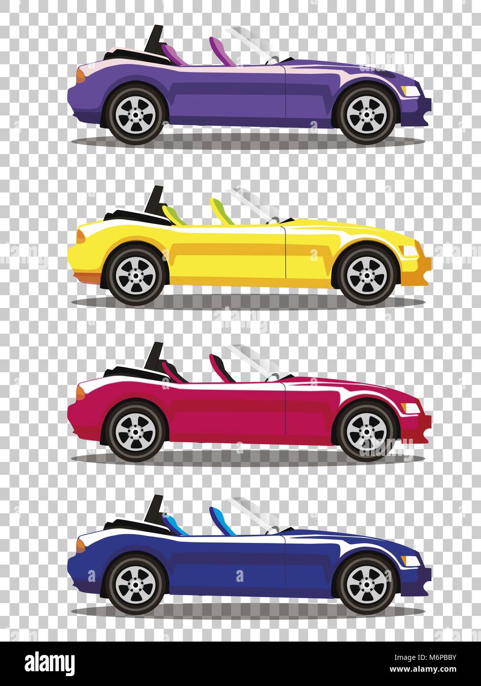 Moderne cartoon farbige Cabrio Autos auf transparentem Hintergrund isoliert. Sportwagen. Blau, gelb, rot und violett Autos. Vector Illustration. Stock Vektor