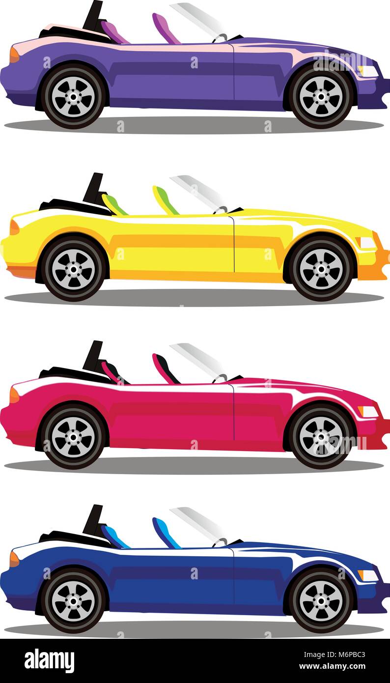 Moderne cartoon farbige Cabrio Autos auf weißem Hintergrund. Sportwagen. Blau, gelb, rot und violett Autos. Flache Vector Illustration. C Stock Vektor