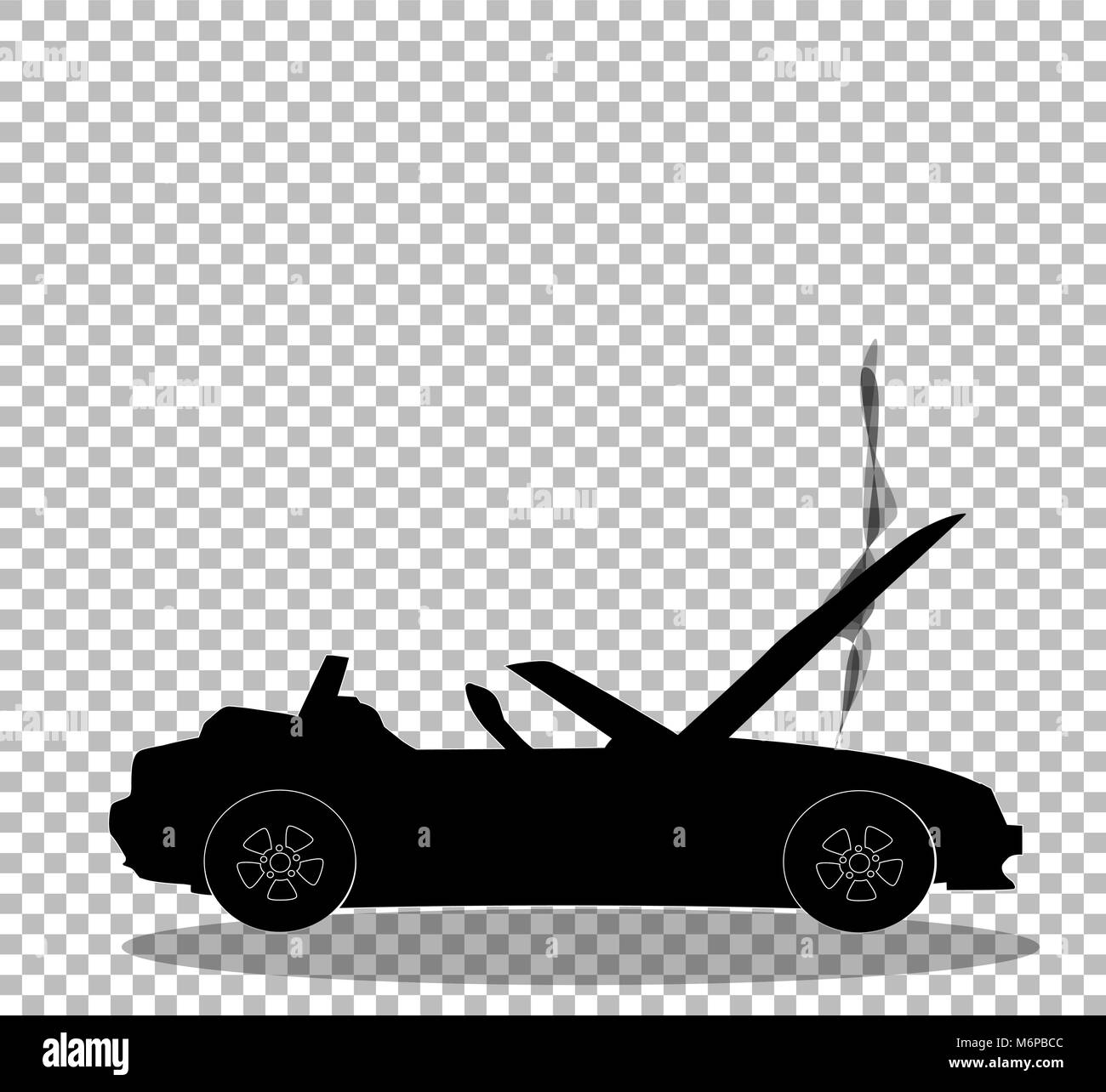 Schwarze Silhouette der gebrochenen Cabrio sport cartoon Auto mit geöffneter Motorhaube mit Rauch bedeckt. Sports Car Crash, Unfall. Vector Illustration, Zeichen, Sy Stock Vektor