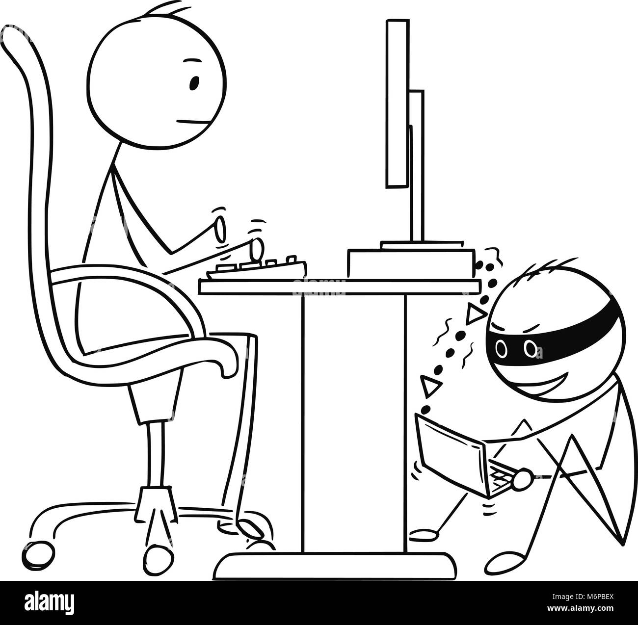 Cartoon von Mann oder Geschäftsmann Arbeiten am Computer, während Hacker stiehlt seine Daten Stock Vektor