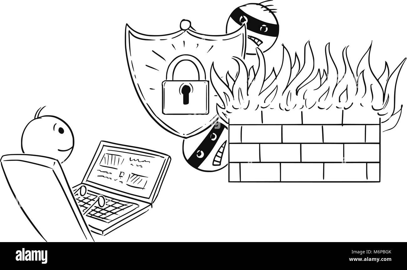 Cartoon von Mann oder Geschäftsmanns, der auf dem Computer durch ein starkes Passwort und Firewall gesichert Stock Vektor