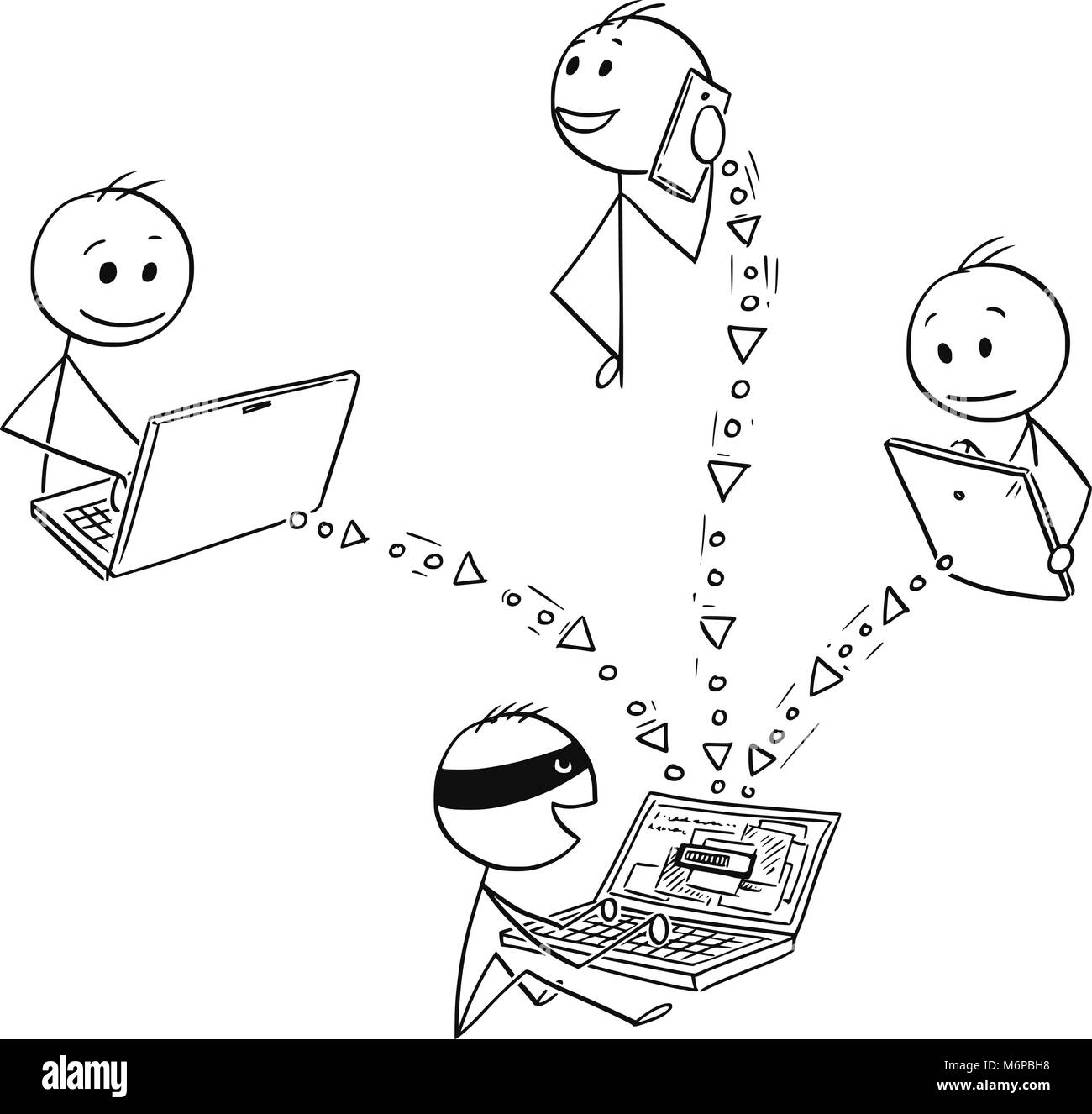 Cartoon von Hacker stehlen Daten Hacking Computer, Tablet und Smartphone Stock Vektor