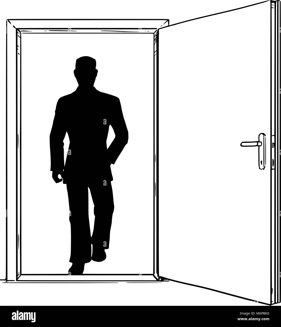 Cartoon von offener, moderner Tür und Geschäftsmann zu Fuß durch Stock Vektor