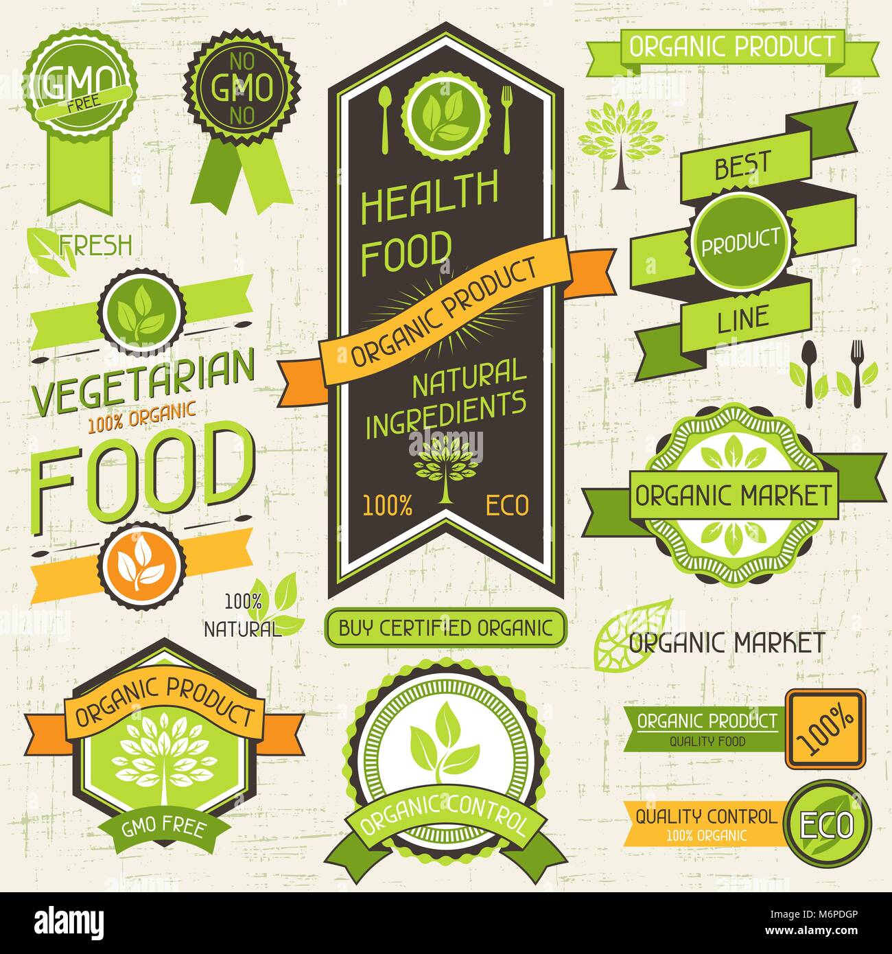 Bio Lebensmittel Banner. Satz von Etiketten und Aufkleber Stock Vektor