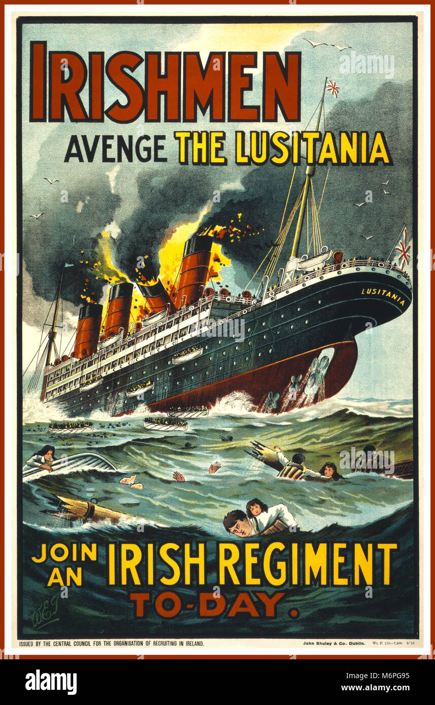 Jahrgang 1900 WW1 Propaganda Poster mit dem berüchtigten Versenkung im Jahr 1915 von dem deutschen U-Boot der Lusitania. "Irishmen - Räche die Lusitania. Ein irisches Regiment melden Sie zu-Tag". Über 1000 unschuldige Zivilisten ihr Leben verloren in dieser grotesken Atrocity. Stockfoto