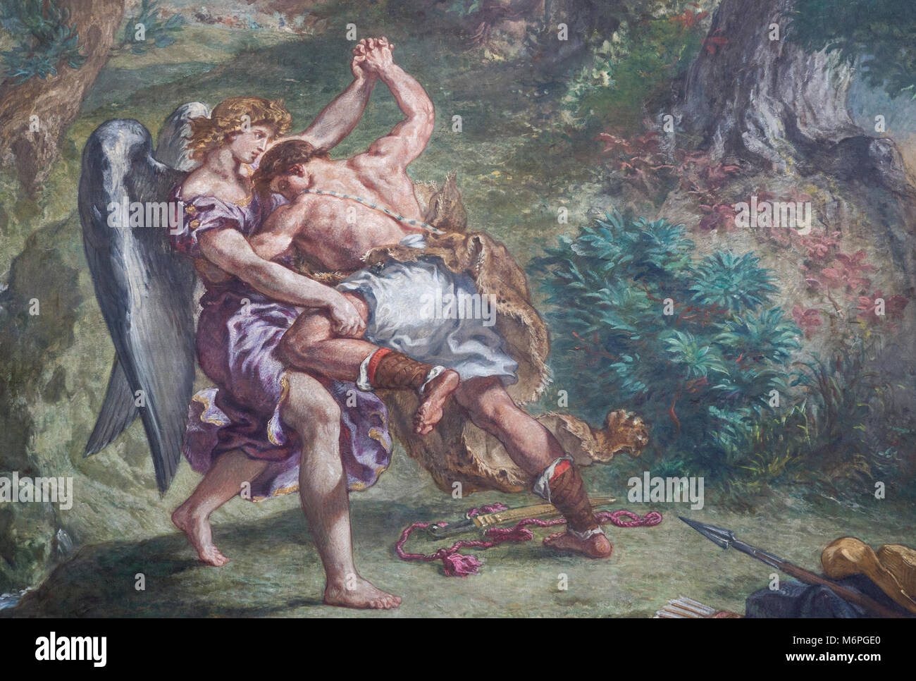 In einem Gebäude aus dem 19. Jahrhundert Eugene Delacroix Wandmalerei Jakobs Kampf mit dem Engel. Das Gemälde wird in der Kapelle der Heiligen Engel in t entfernt Stockfoto