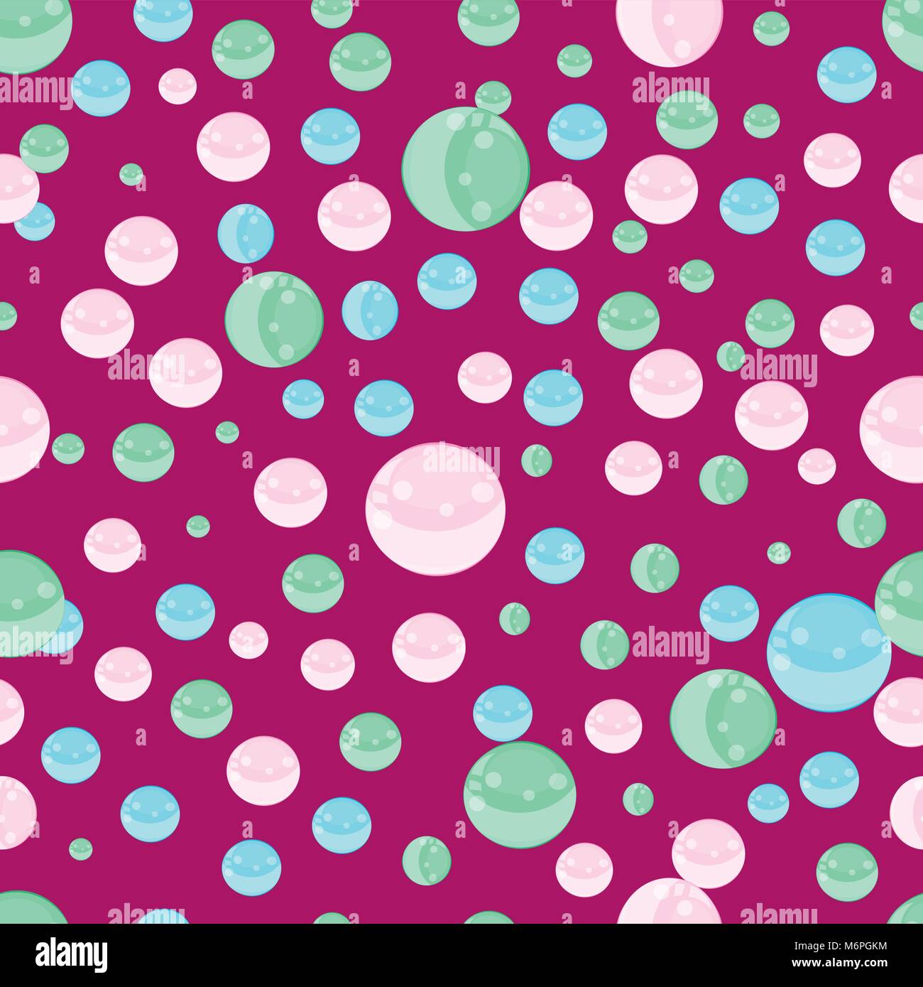 Cute nahtlose Muster mit fliegenden bunten Blasen- oder 3d-Kugeln auf lila Hintergrund. Tapeten, Vector Illustration, Poster, Banner, Template, Pr Stock Vektor
