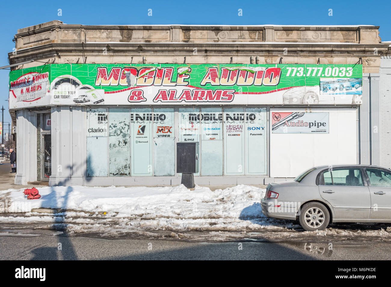 Gewerbliche Bauten in den sechs Ecken Bereich der Portage Park Nachbarschaft Stockfoto