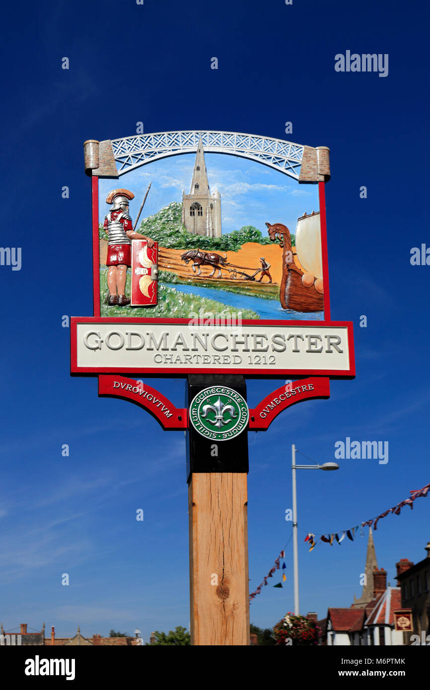 Godmanchester Ortsschild, Cambridgeshire, England, Großbritannien Stockfoto