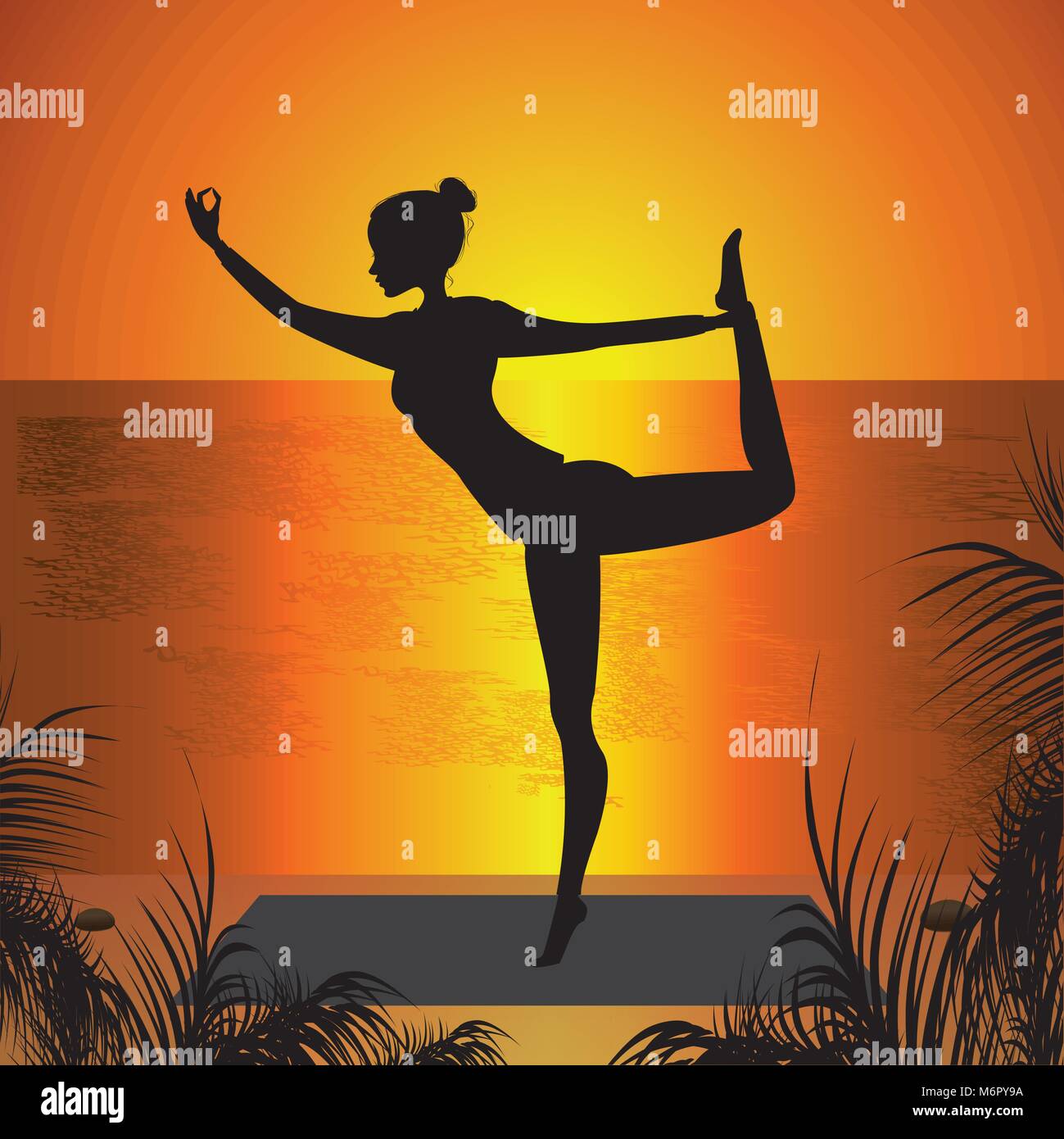 Frau Yoga üben auf dem Sunset Hintergrund, Vektor illustration Stock Vektor