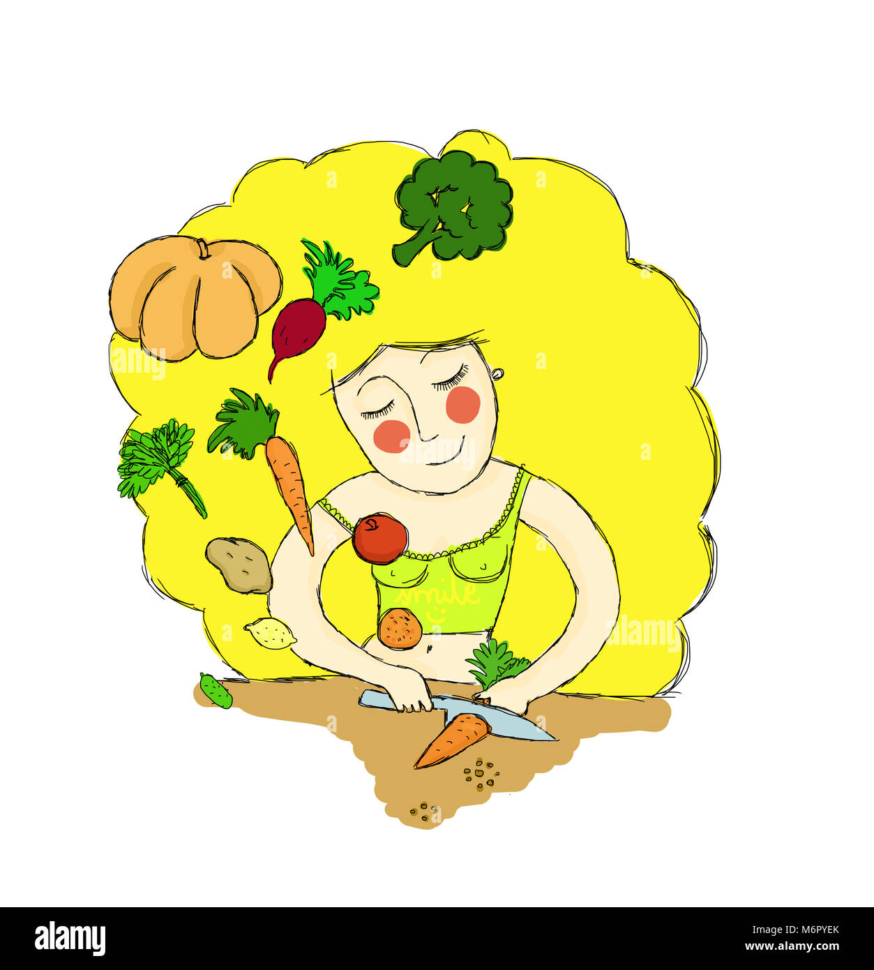Zeichnung. Glückliche Frau kocht gesundes Gemüse. Feder, Diät, Ernährung Stockfoto