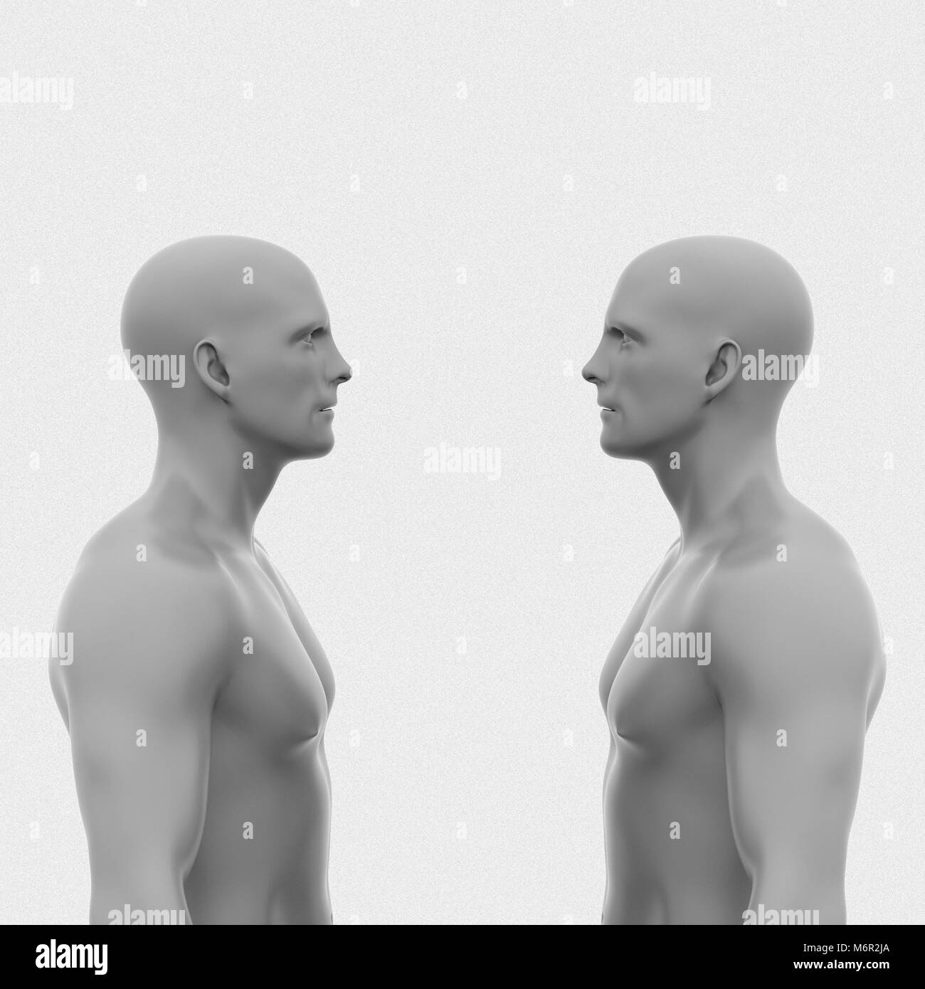 Zwei Männer stehen sich ohne Kleidung an die Taille. Abstrakte minimalistischen Art Kommunikation Konzept. 3D Rendering illustration Stockfoto