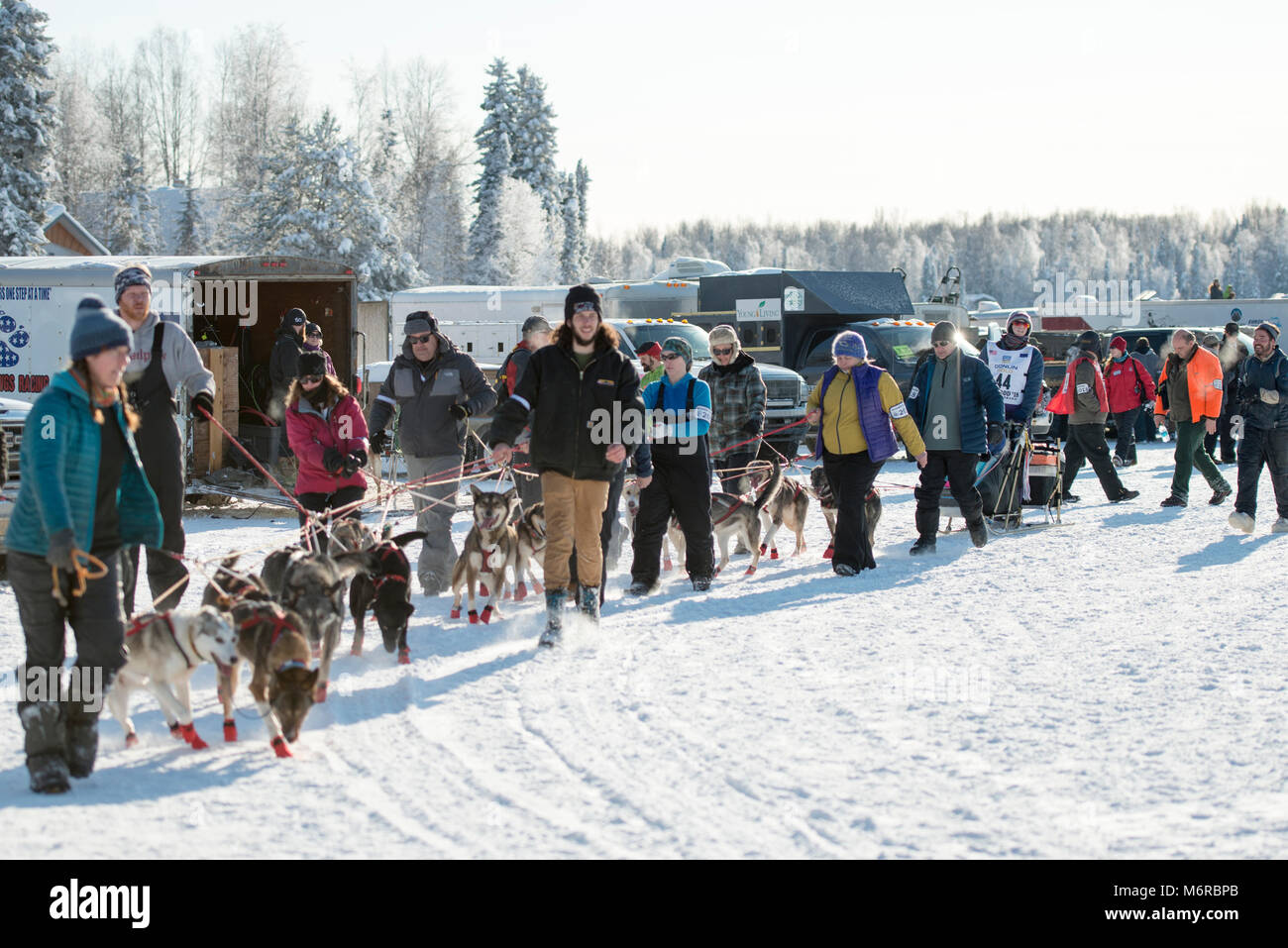 Willow, Alaska, USA. 4 Mär, 2018. Tara Cicatello von Buffalo, NY, USA, als Sie die Anfangszeile des Iditarod Schlittenhunderennen Ansätze. Credit: Kristen Bentz/Alamy leben Nachrichten Stockfoto