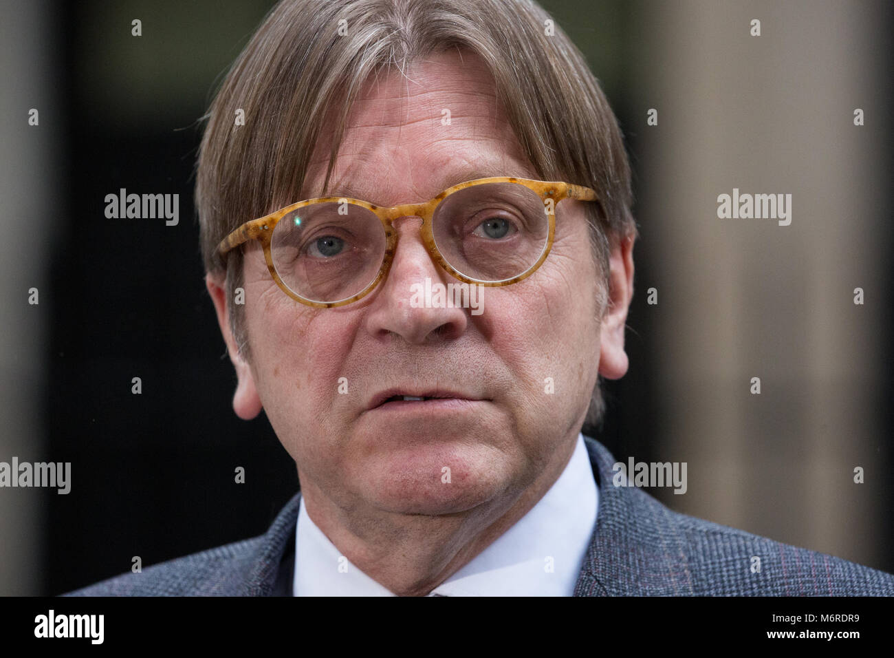 London, Großbritannien. 6. März, 2018. Guy Verhofstadt, der EU-Verhandlungsführer, spricht mit den Medien nach einem Treffen in der Downing Street 10. Credit: Mark Kerrison/Alamy leben Nachrichten Stockfoto