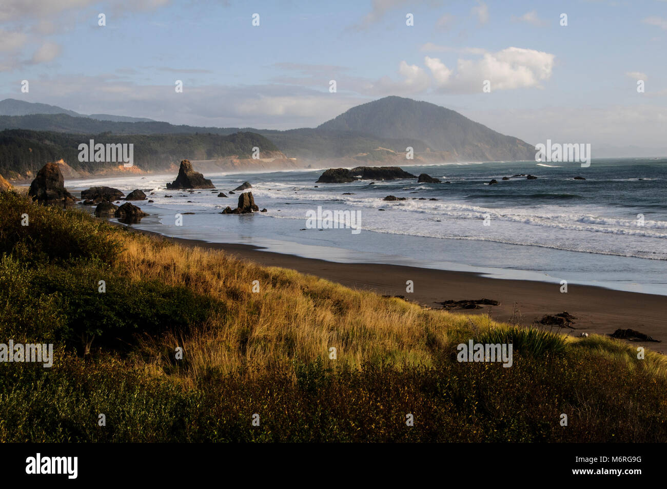 Port Orford, Oregon. Schlacht Rock City Park. Leitsysteme. Malerischer Blick auf den Pazifischen Ozean bei Sonnenuntergang. Stockfoto