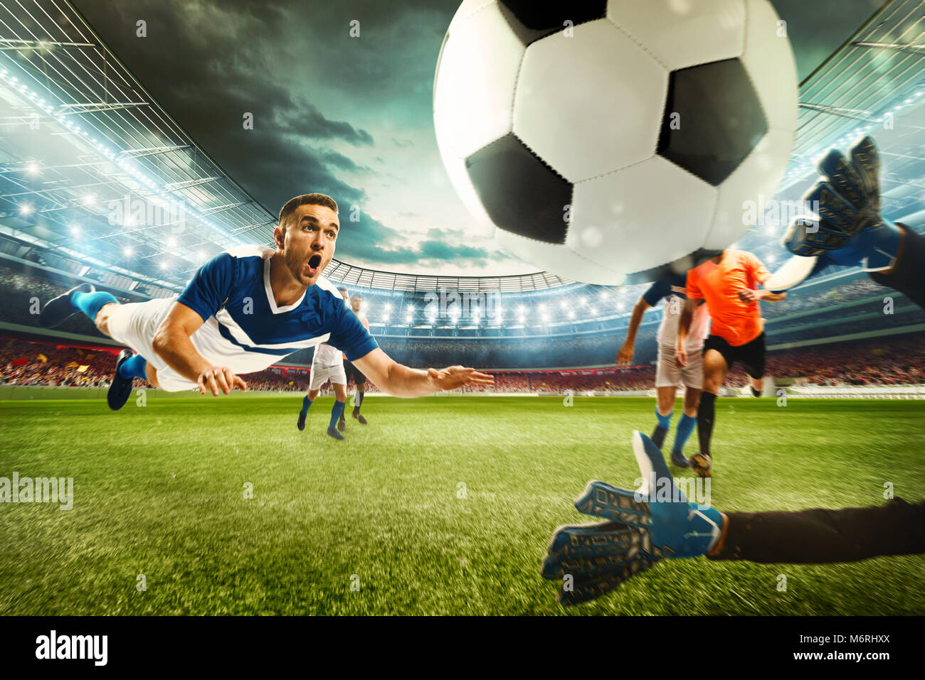 Fußball-Szene mit konkurrierenden Fußball Spieler im Stadion. 3D-Rendering Stockfoto