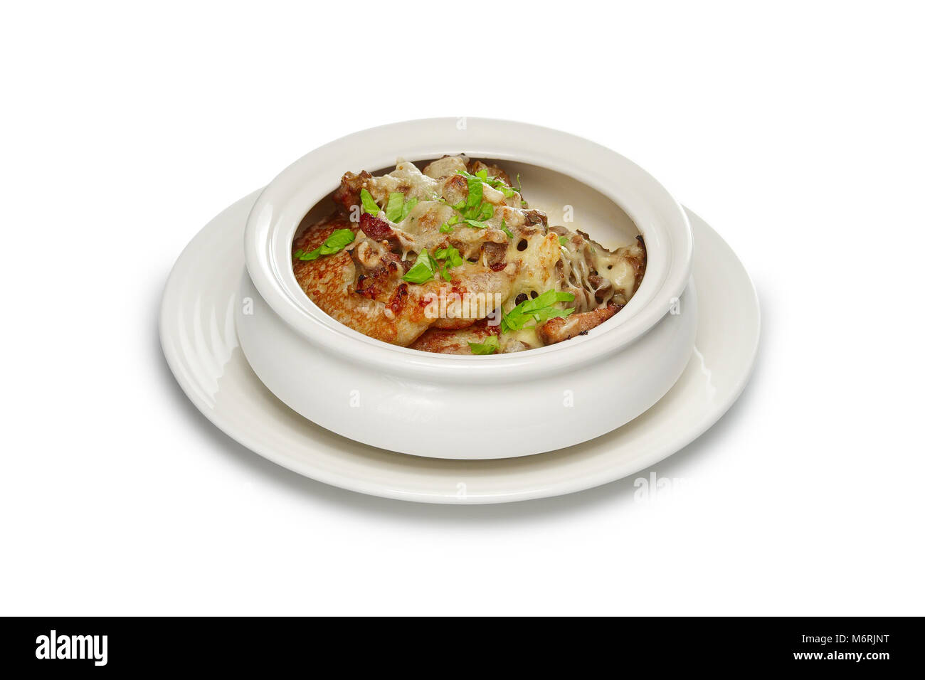 Layout für Menüs. Flapjack mit Fleisch und Gemüse mit Käse überbacken im  Ofen Stockfotografie - Alamy