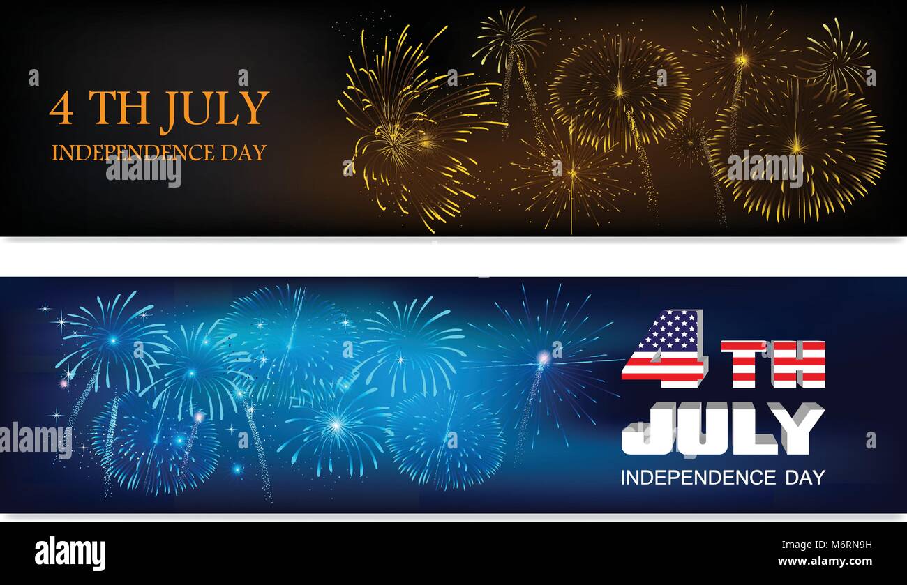 Amerikanischen Unabhängigkeitstag. Website Header oder Banner mit glänzenden Feuerwerk und nationalen Flag gesetzt Stock Vektor