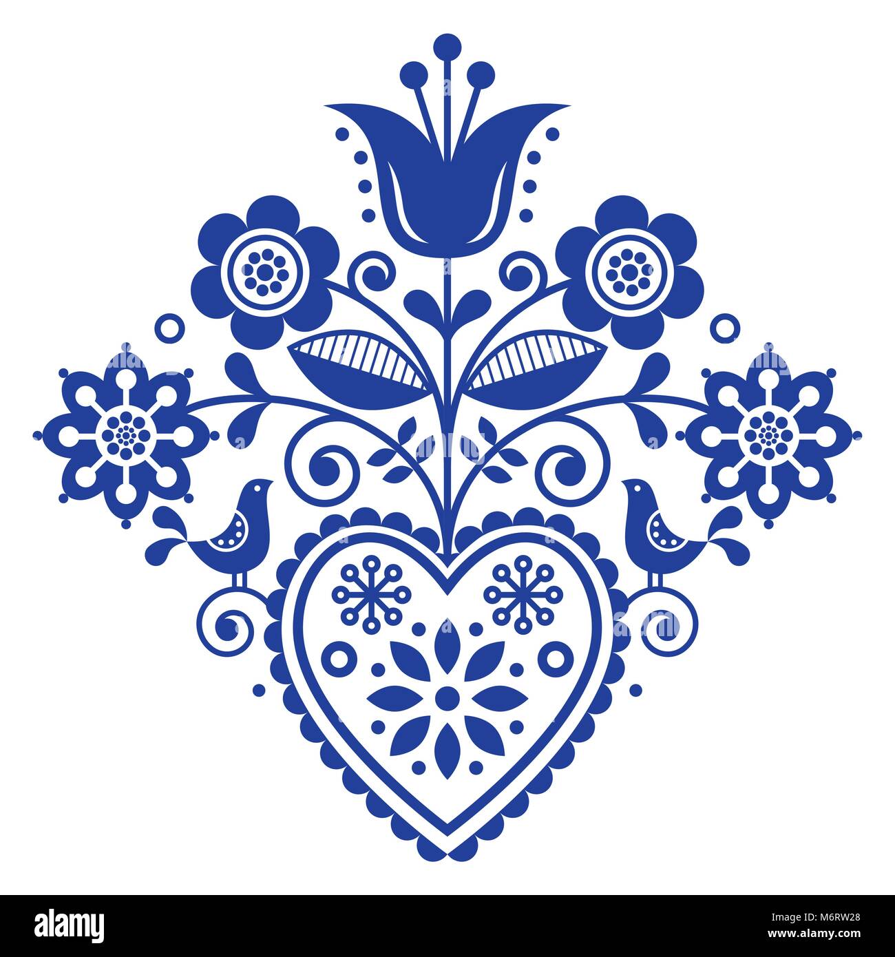 Skandinavische retro Folk Art Floral, vektor design in Marineblau, Nordic Muster mit Vögel und Blumen Stock Vektor