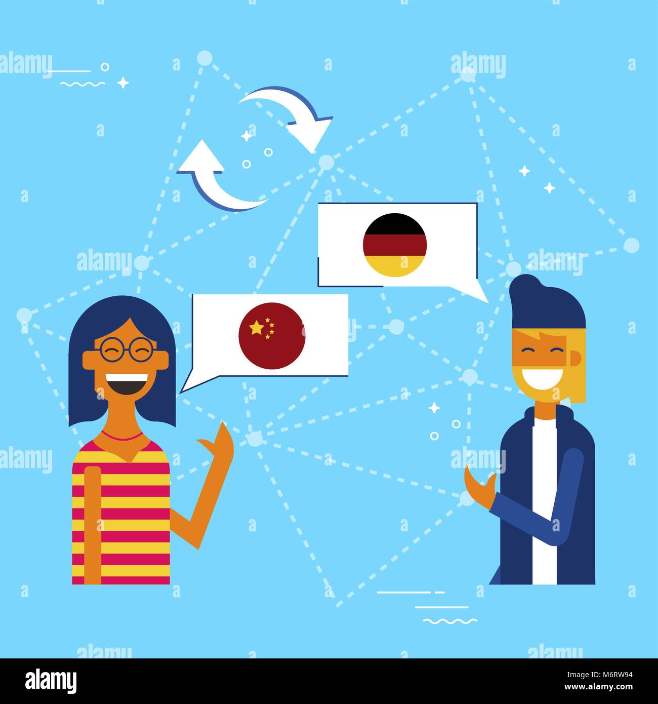 Kommunikation Übersetzung Konzeption Illustration, modernen Stil. Junge und Mädchen in on-line-Gespräch in der chinesischen Sprache auf Deutsch. EPS 10 ve Stock Vektor