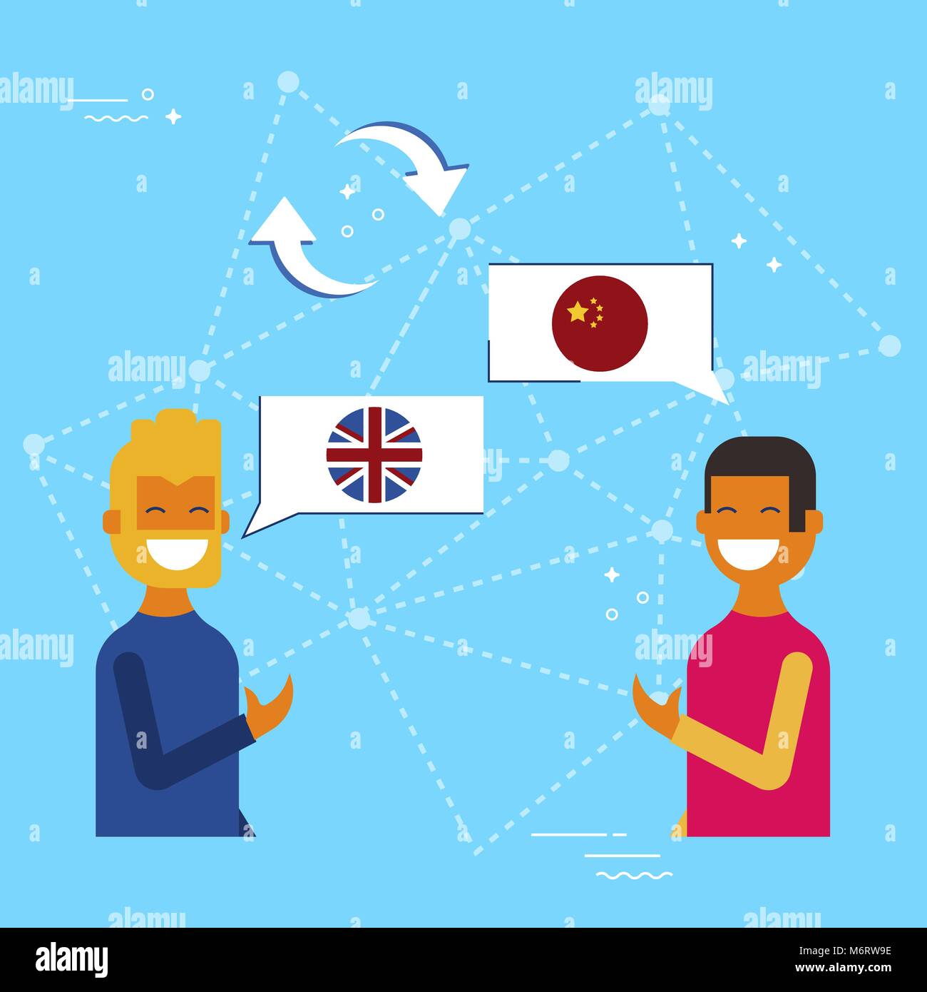 Kommunikation Übersetzung Konzeption Illustration, modernen Stil. Freunde in on-line-Gespräch auf Chinesisch ins Englische Sprache. EPS 10 Vektor Stock Vektor