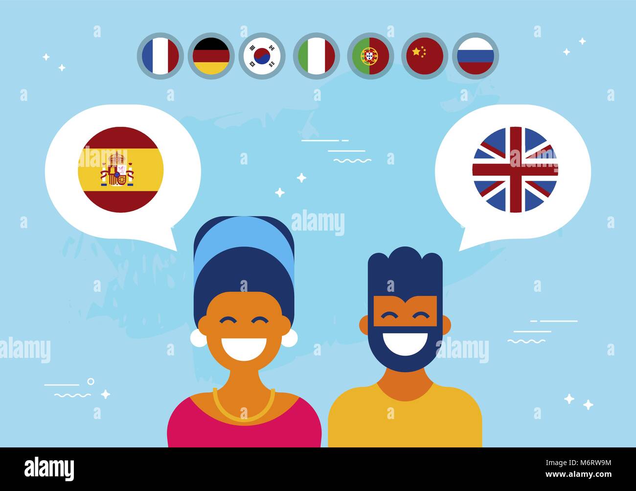 Kommunikation Übersetzung Konzeption Illustration, modernen Stil. Junge und Mädchen in on-line-Gespräch in Spanisch auf Englisch. EPS 10v Stock Vektor