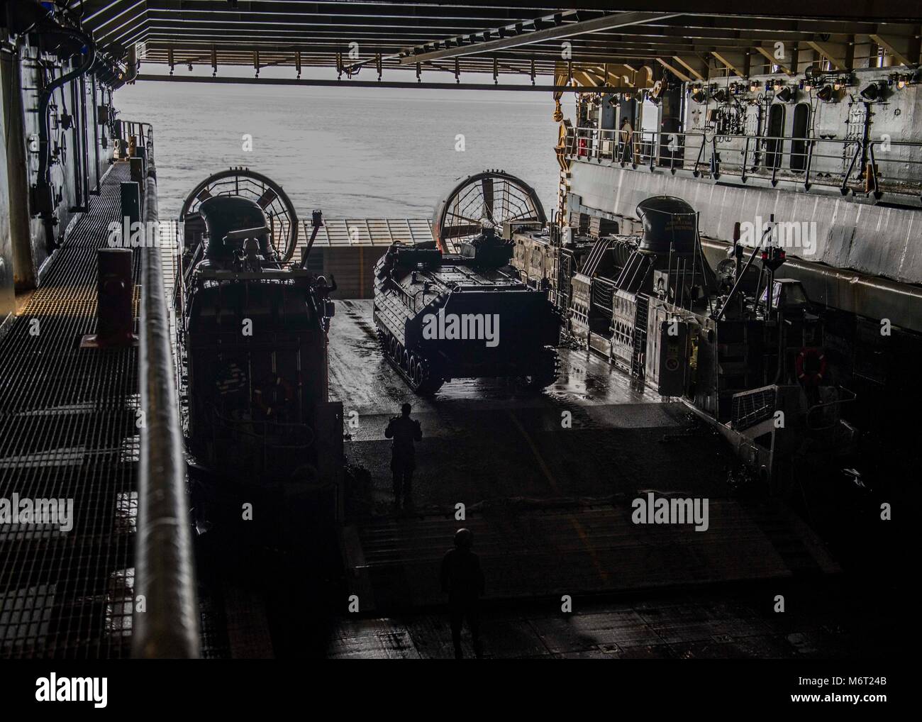 180214-N-TJ 319-0256 ATLANTIK (Feb. 14, 2018) Marines bis 26 Marine Expeditionary Unit Bataillon Landung Team zugewiesenen direkt ein amphibisches Fahrzeug in das Deck des Dock Landung Schiff USS Oak Hill (LSD 51). Die Iwo Jima Amphibious Ready Gruppe begibt sich die 26 MEU und umfasst Oak Hill, die Amphibisches Schiff USS Iwo Jima (LHD7), die amphibious Transport dock Schiff USS New York (LPD 21), Flotte Op-Team 8, Hubschrauber Meer Combat Squadron 28, Tactical Air Control Squadron 22, Komponenten der Naval Beach Gruppe 2 und die begonnen, Mitarbeiter der Amphibischen Squadron 4. (U.S. Stockfoto