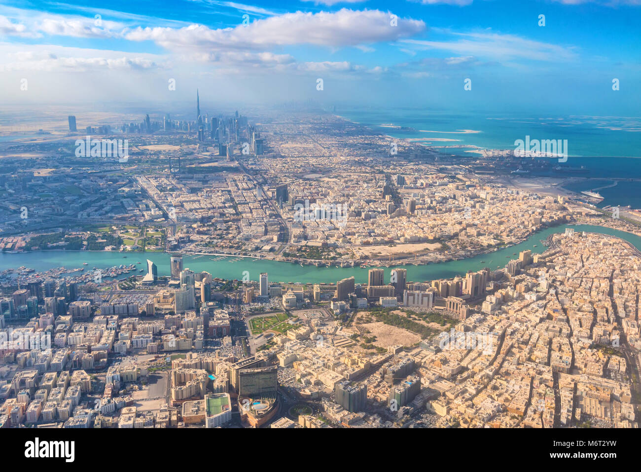 Luftbild von Dubai aus Flugzeug Stockfoto
