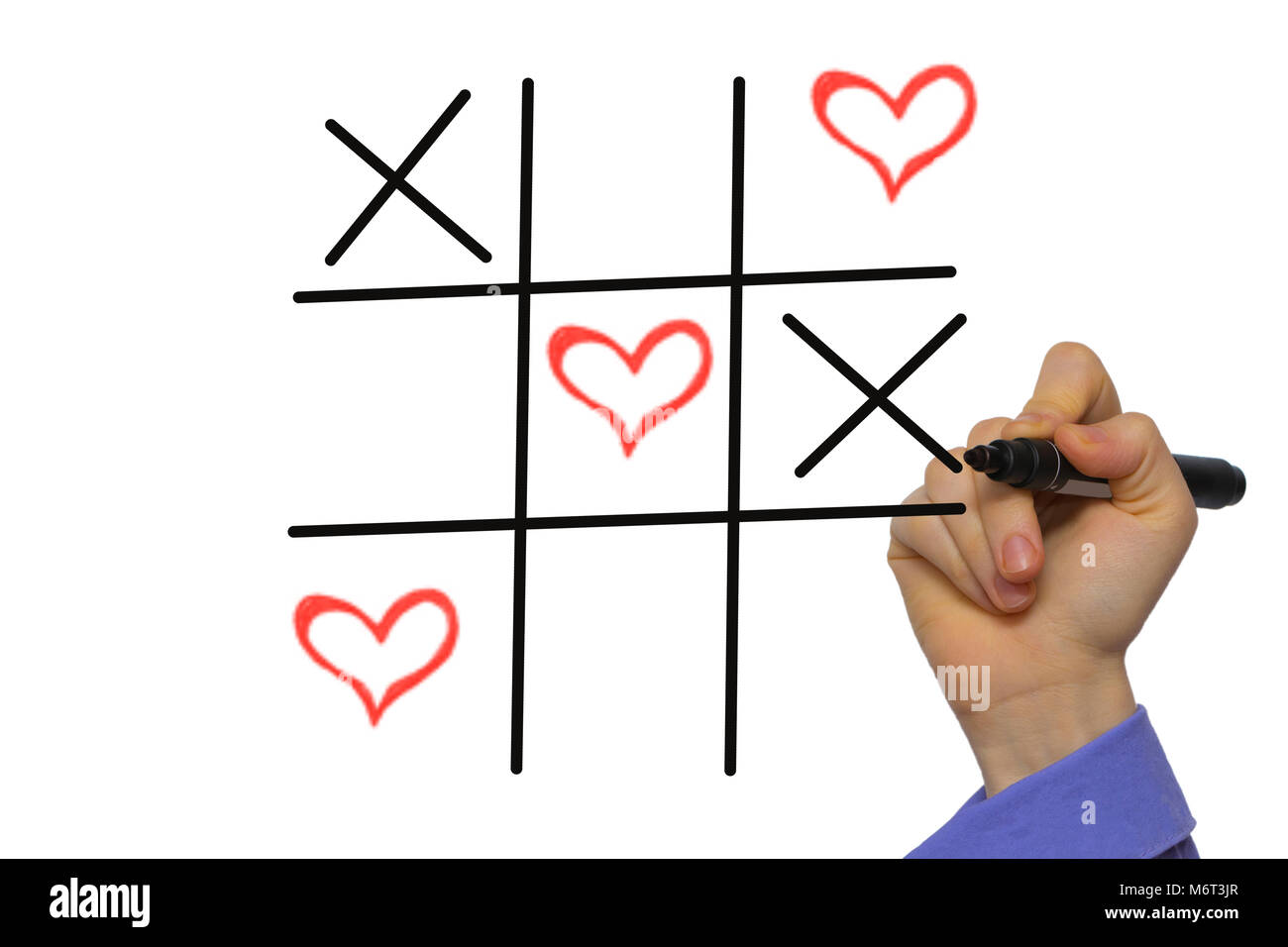 Happy Valentines Tag TIC-TAC-TOE von xoxo, Hand, die Marker auf White Boards isoliert Stockfoto