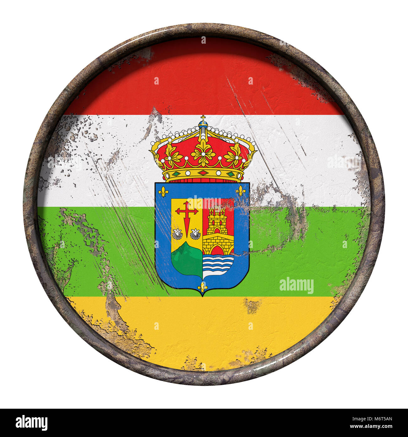 3D-Rendering für eine Gemeinschaft La Rioja Flagge über eine rostige Metallplatte. Auf weissem Hintergrund. Stockfoto